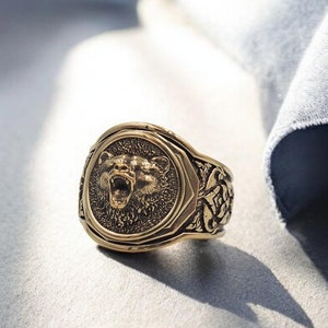 Mens Bear Ring, Bear Head Signet Ring, Bear Men&#39;s Ring, Bear Men Jewelry Wedding Gift Ring For Mens Brass Jewelry