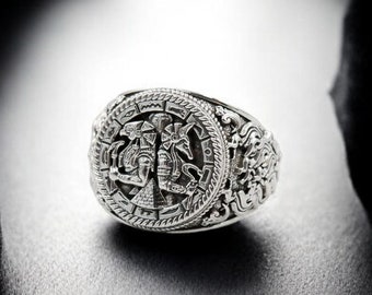 925 Sterling Silver Egyptian Gods Ring, Horus & Anubis Signet Ring