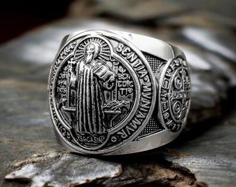 925 Sterling Silver Saint Benedict Signet Ring, Catholic Protection Jewelry