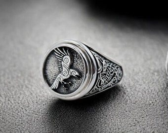 925 Sterling Silver Viking Raven Ring, Norse Jewelry