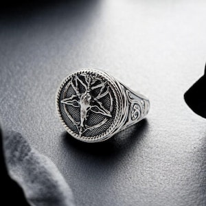 925 Sterling Silver Baphomet Satanic Satan Ring, Gothic Baphomet Ring, Seal of Satan Pentagram Sigil Ring Gift For Men&#39;s