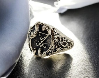 Sigil of Lucifer Brass Ring: Snake Amulet, Gothic Occult Jewelry