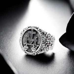 925 Sterling Silver Virgen Milagrosa Medallion Ring, Miraculous Virgin Mary Ring, Our Lady of Guadalupe Ring Christian Jewelry Gift for him