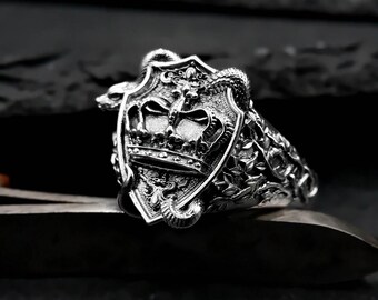 925 Sterling Silver King Crown Snake Ring: Gothic Medieval Shield Jewelry