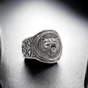 Mens Silver Bear Ring, Bear Head Signet Ring, Bear Men&#39;s Ring, Bear Men Jewelry Wedding Gift Ring For Mens 925 Sterling Silver