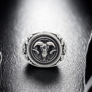 925 Sterling Silver Zodiac Aries Ram Skull Ring, Zodiac Skull Ring, Zodiac Ring, Gothic Ring For Best Friend Horoscope Jewelry Father&#39;s Day