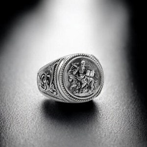 925 Sterling Silver Saint Mark Lion Signet Ring, Lion Cross Pattern Ring, Saint Matthew Apostle Evangelist Ring Protection Christian Jewelry