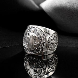 925 Sterling Silver Saint Benedict Ring, St Benedict Men Signet Ring, Cross Demon Ring, Exorcism Catholic Ring Protection Jewelry