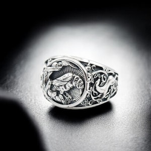 925 Sterling Silver Viking Raven Mens Ring, Norse Crow Ring Gothic Norse Viking Odin Bird Jewelry
