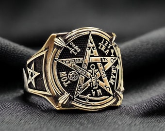 Tetragrammaton Pentacle Brass Ring, Solomon Amulet Protection Jewelry