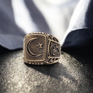 Islam Symbol Star and Crescent Moon Ring, Muslim Star Cresant Mens Ring, Islamic Crescent Ring, Muslim Ring Gift For Men&#39;s Brass Jewelry