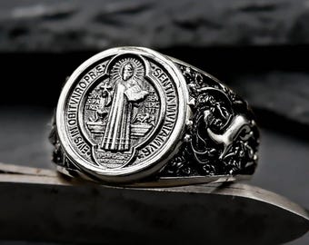 925 Sterling Silver Saint Benedict Medal Ring, Christian Jewelry