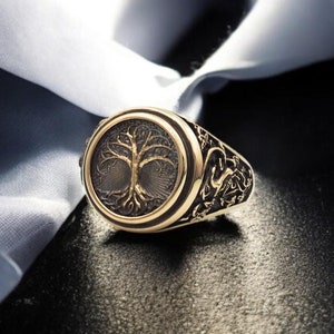 Tree of Life Ring, Yggdrasil Ring, Signet Ring Men, Tree Ring, Amulet Rings Viking Ring Scandinavian Mens Brass Jewelry Gift for him
