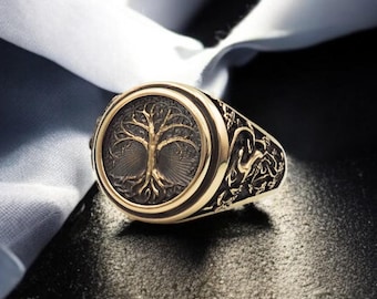 Tree of Life Ring, Yggdrasil Ring, Signet Ring Men, Tree Ring, Amulet Rings Viking Ring Scandinavian Mens Brass Jewelry Gift for him
