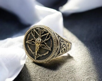 Baphomet Satanic Brass Ring, Pentagram Sigil