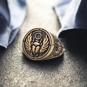Egyptian Scarab Mens Signet Ring, Scarab Beetle Ring, Egyptian Amulet Seal Lucky Ring Brass Jewelry Gift for him