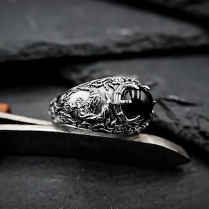 925 Sterling Silver Onyx Viking Raven Mens Ring, Norse Onyx Crow Ring Gothic Norse Viking Odin Bird Jewelry