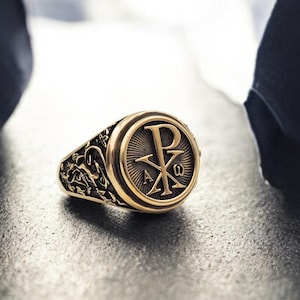 Chi Rho Alpha and Omega Christian Ring, Mens Chi Rho Ring Brass Jewelry Gift for him