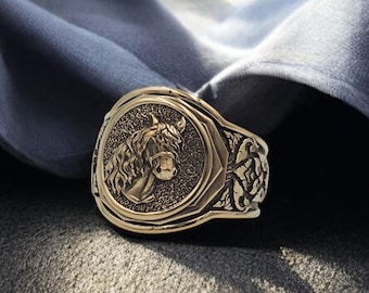 Anillo de sello de cabeza de caballo de latón, joyería animal para hombre