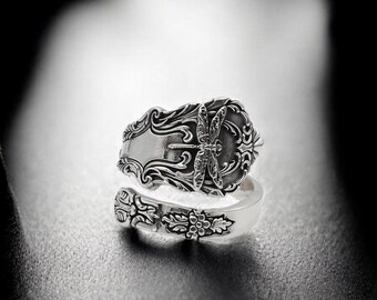 Sterling Silver Adjustable Dragonfly Spoon Ring, Animal Jewelry