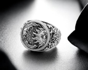 925 Sterling Silver Sun and Moon Ring, Celestial Jewelry