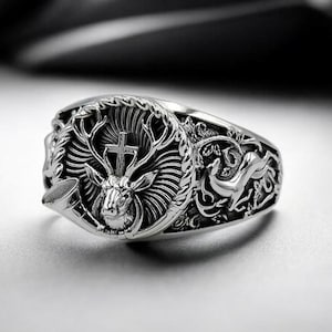 925 Sterling Silver St. Hubert Ring, Deer with Cross, Patron Saint of Hunters