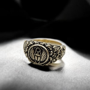 Ancient Egyptian Scarab Ring, Scarab Beetle Ring, Scarab Pinky Men Ring, Egyptian Amulet Seal Lucky Ring Brass Jewelry Gift for him
