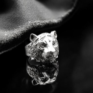 925 Sterling Silver Asian Tiger Ring, Wild Cat Animal Ring, Tigers Head Ring, Animal Jewelry Birthday Gift Ideas for him, her Father&#39;s Day