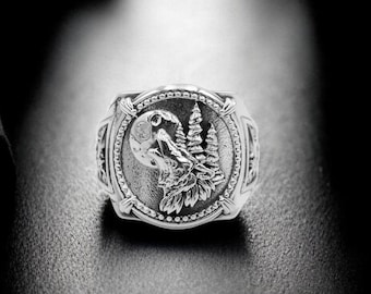 925 Sterling Silver Howling Wolf Ring, Woods Jewelry