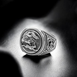 925 Sterling Silver Fox and Hare Ring, Fox Men&#39;s Ring, Fox and Rabbit Ring, Fox Hunting Rabbit Animal Signet Jewelry