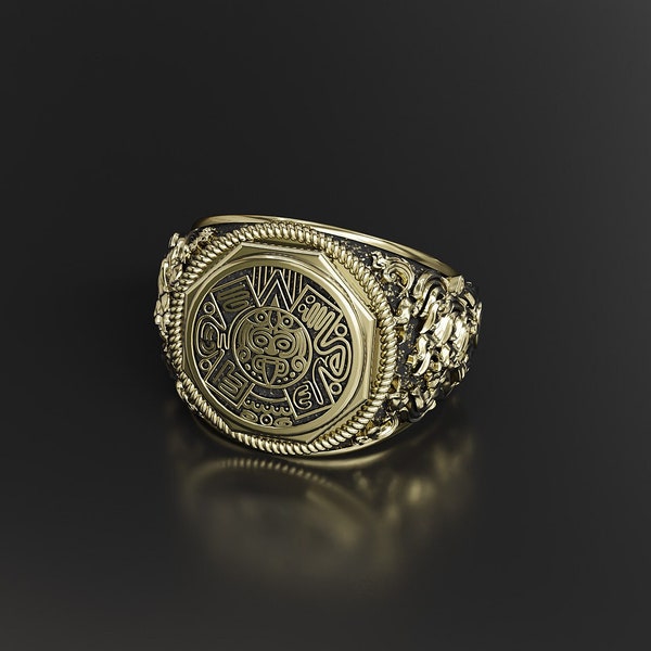 Mayan Calendar Ring, Mexican Ring, Aztec calendar Solid Brass Rings, Aztec Calendar Ring, Mayan Ring Gift For Men's Brass Jewelry