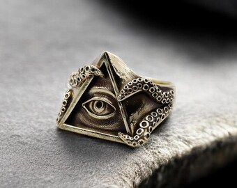 Illuminati Eye Brass Ring, Octopus Tentacle Amulet