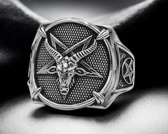 Sterling Silver Baphomet Ring, Inverted Pentagram, Satanic Jewelry