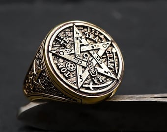 Tetragrammaton Pentagram Brass Ring: Kabbalah Solomon Seal Amulet