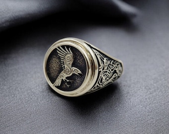 Viking Raven Brass Ring, Norse Hugin Munin Jewelry