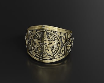 Tetragrammaton Ring, Sigil of Protection and Hexagram of Solomon Ring, Pentagram Magic Ring Protection Brass Jewelry Gift for him