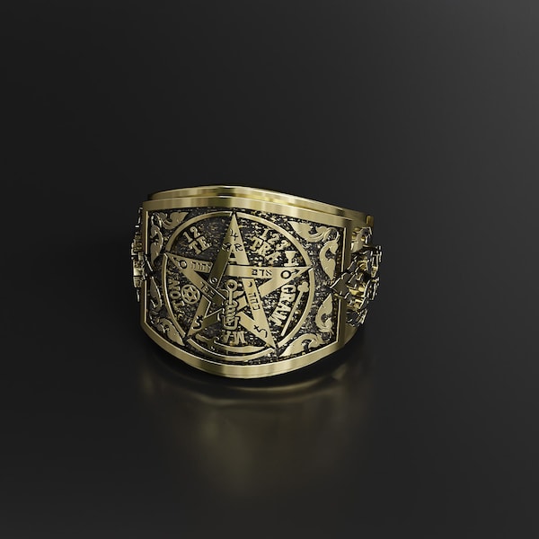 Tetragrammaton Ring, Sigil of Protection and Hexagram of Solomon Ring, Pentagram Magic Ring Protection Brass Jewelry Gift for him