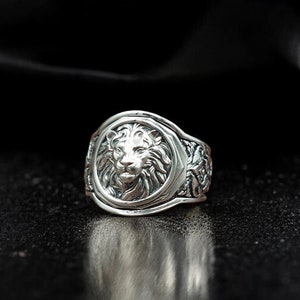 925 Sterling Silver Lion Men&#39;s Ring, Mens Silver Lion Ring, Lion Head Signet Ring, African Lion Men Jewelry Wedding Gift Ring For Mens