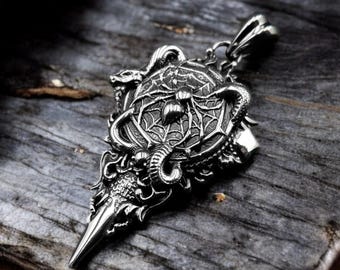 925 Sterling Silver Spider Pendant with Snake, Gothic Amulet Pendant Animal Jewelry