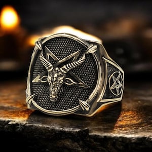 Gothic Baphomet Brass Ring, Seal of Satan Pentagram image 1