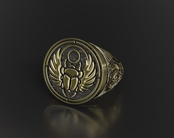 Egyptian Scarab Mens Signet Ring, Scarab Beetle Ring, Egyptian Amulet Seal Lucky Ring Brass Jewelry Gift for him