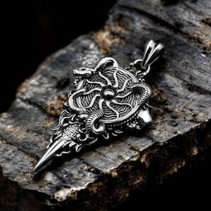 925 Sterling Silver Spiral Sun Pendant with Snake, Ancient Sun Pendant, Dark Gothic Amulet Animal Jewelry