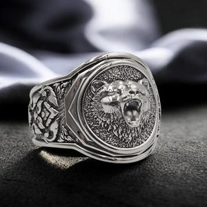 925 Sterling Silber Bärenkopf Ring, Herrensiegelring Bild 1