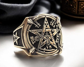 Tetragrammaton Pentacle Brass Ring, Solomon Amulet Protection Jewelry