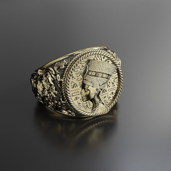 Egyptian Nefertiti Queen Ring, Egyptian Mythology Ring, Ankh Ring, Eye of Horus Ring Ancient Goddess Nefertiti Brass Jewelry Gift For Men's