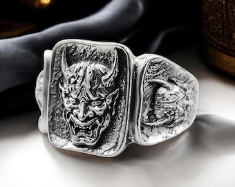 925 Sterling Silver Oni Mask Ring, Japanese Demon, Gothic Jewelry