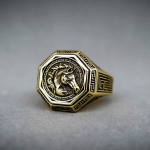 Mens Horse Ring, Signet Horse Head Ring Animal Brass Jewelry Gift for him
