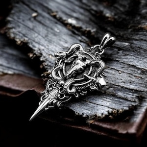 925 Sterling Silver Satanic Ram Skull Pendant With Snake, Baphomet Satanic Satan Pendant, Gothic Goat Baphomet Pendant, Devil Jewelry