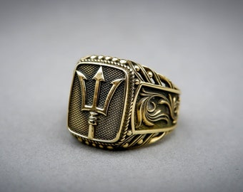 Poseidon Trident Ring Ancient Greek God Brass Jewelry Gift for him