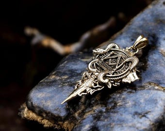 Masonic Brass Pendant with Snake: Freemason Jewelry